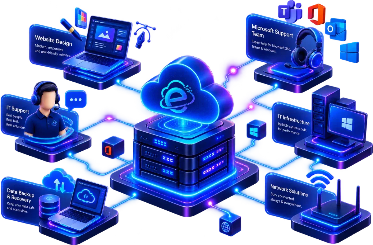 Easy IT Solutions services: website design, Microsoft support, IT support, infrastructure, backup and recovery, and network solutions, connected to a central cloud